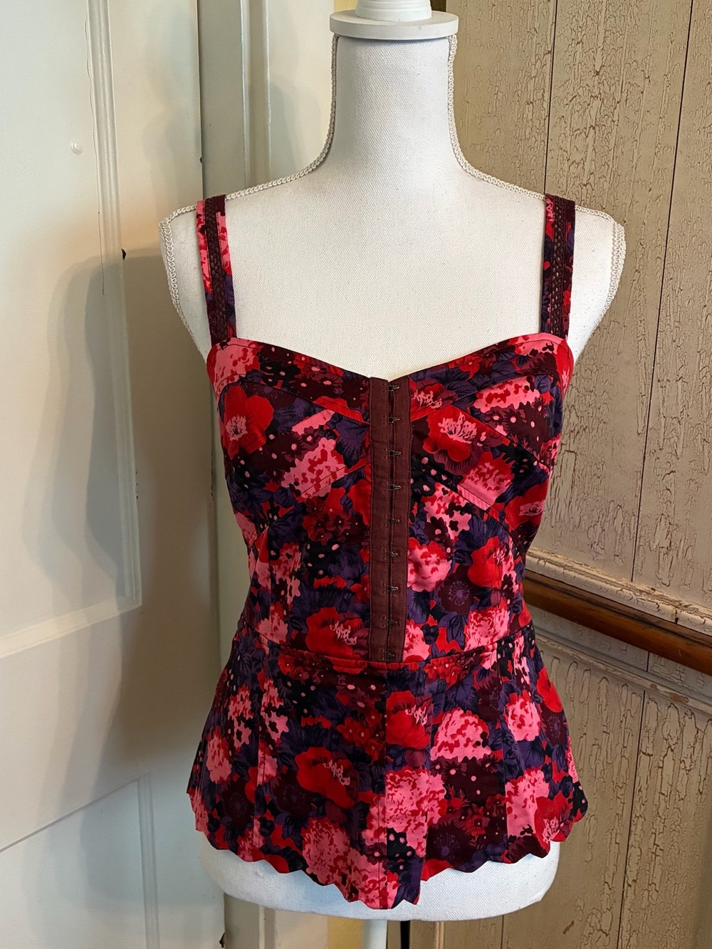 Free People Floral Hook-and-Eye Peplum Top in Red and Pink